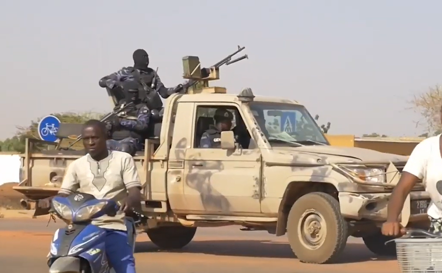Burkinabe soldiers patrol after coup (2022)